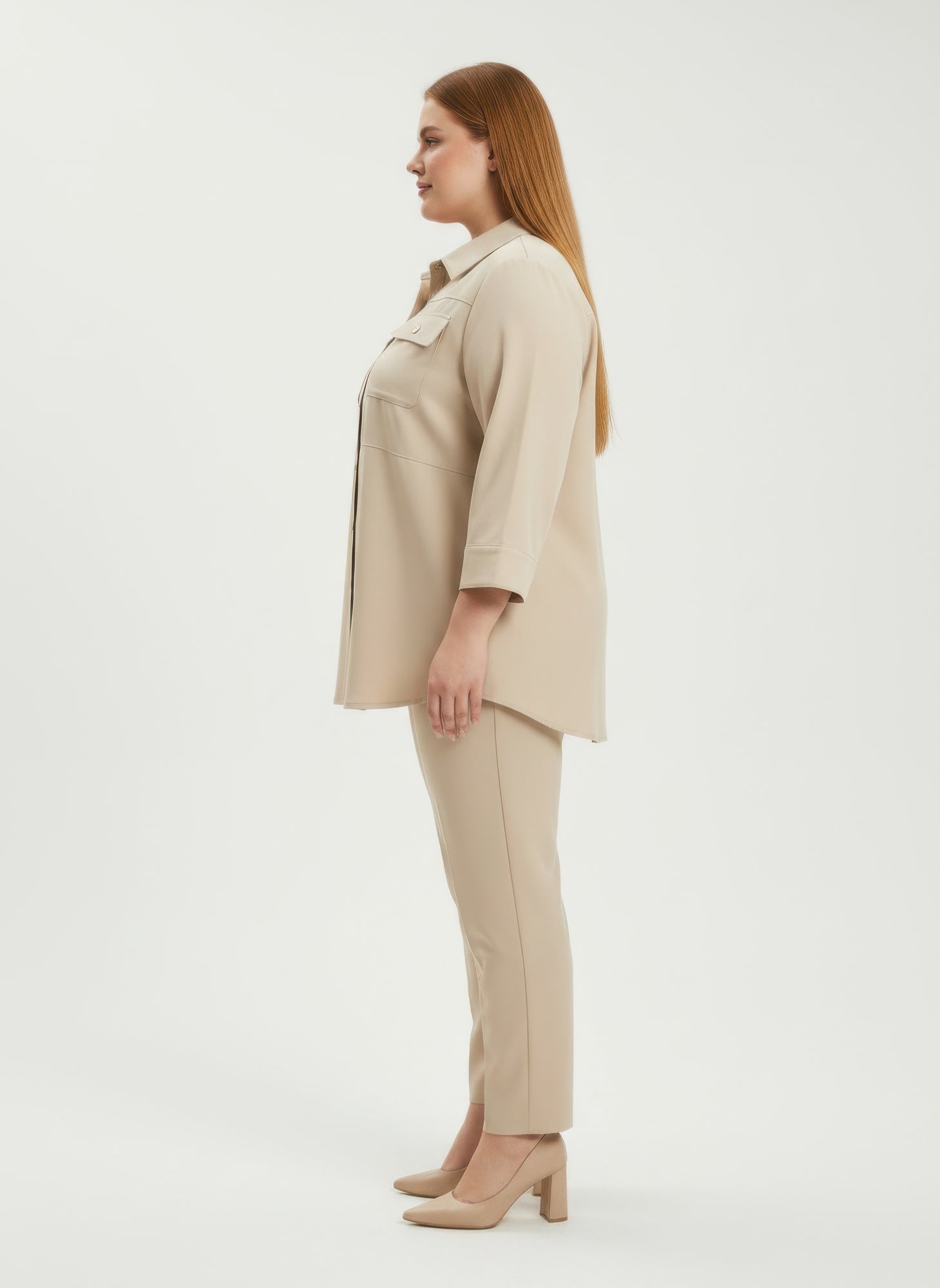 Sand utility button-front tunic shirt side profile with collar and chest pockets
