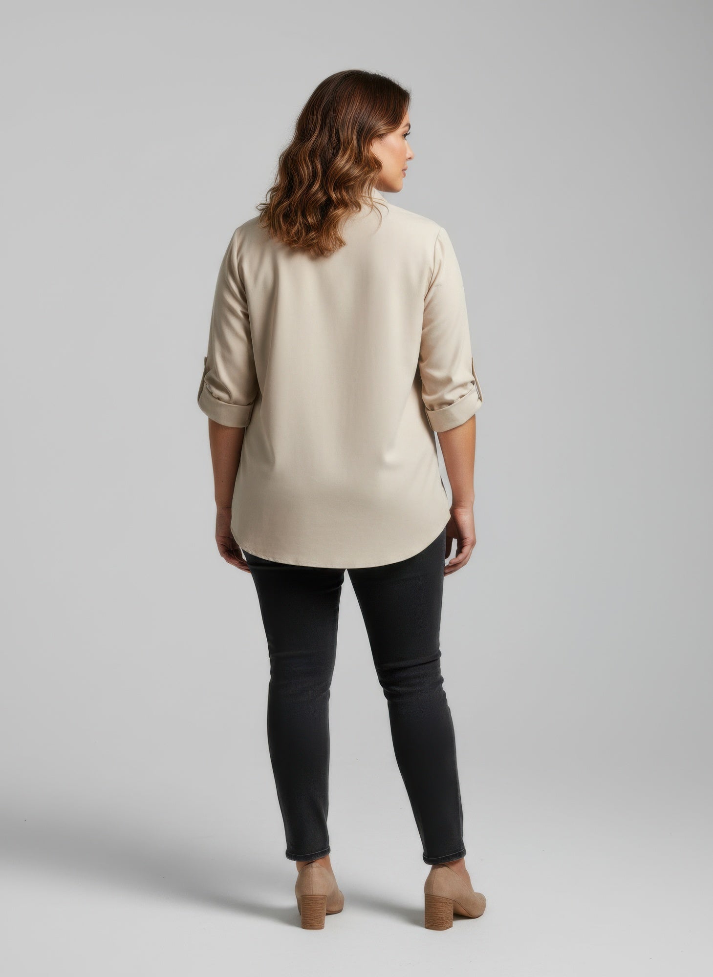 Sand utility button-front tunic shirt back view with 3/4 sleeves and relaxed fit