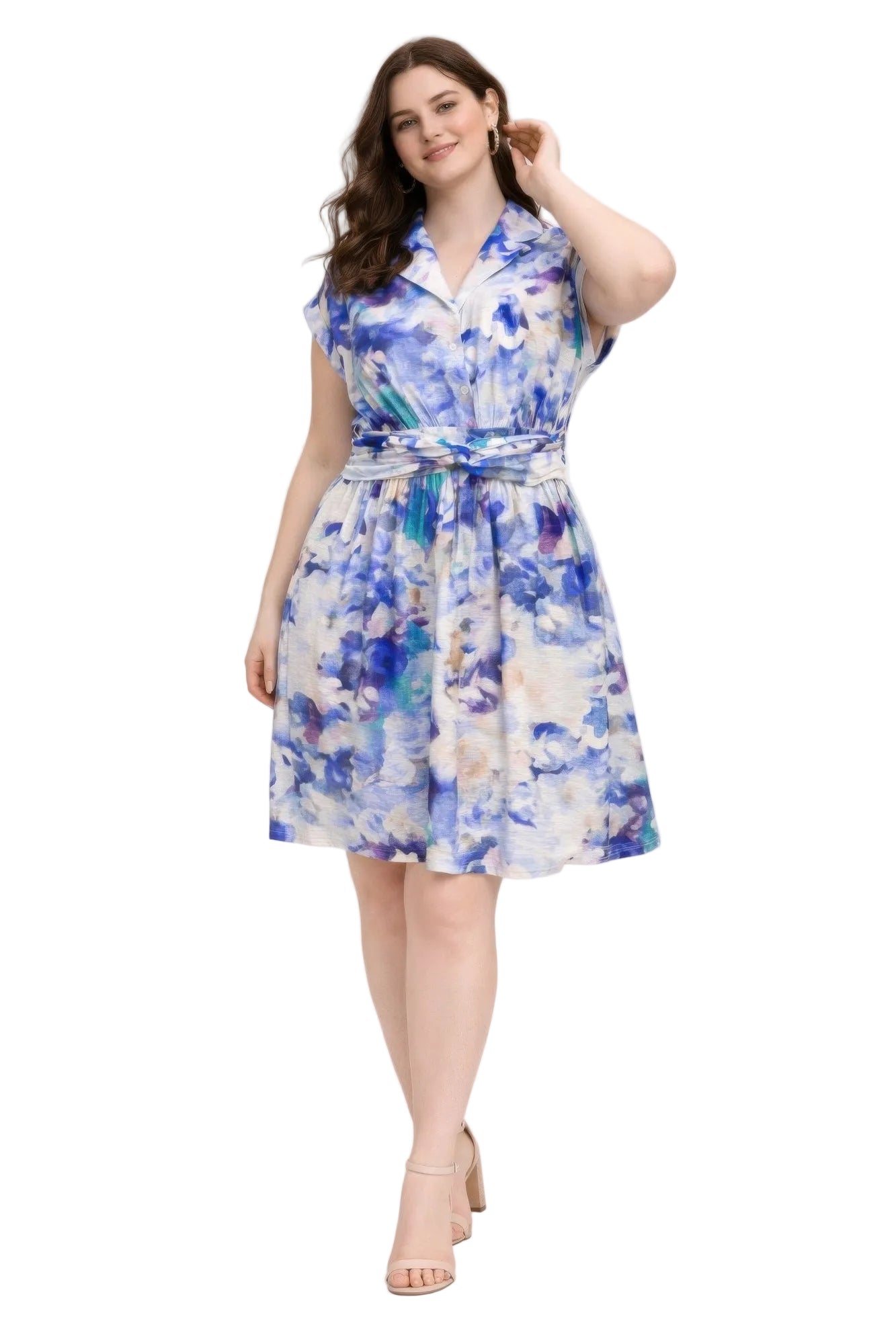 Blue floral plus size shirt dress with waist tie and collar, short sleeves