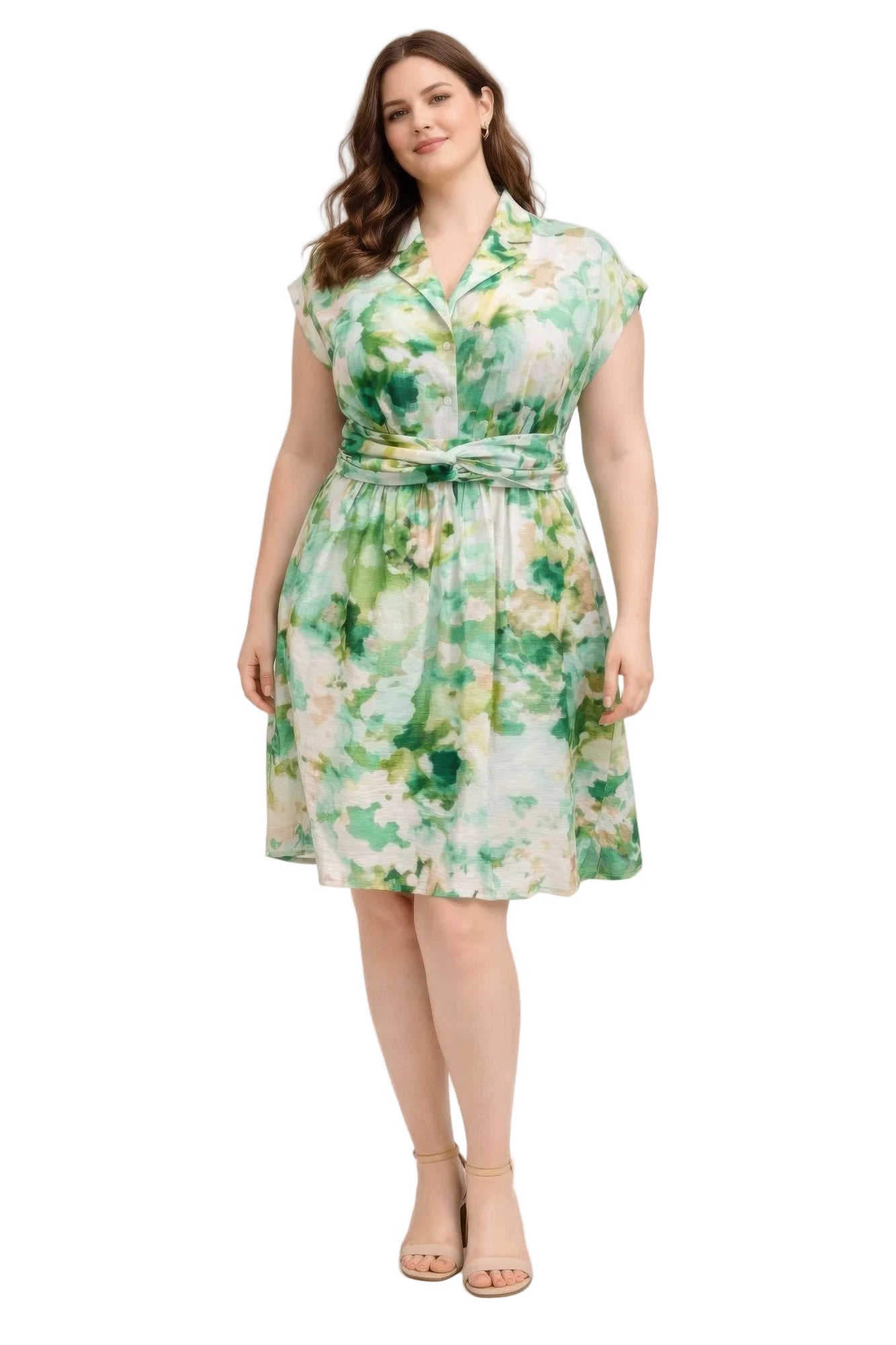 Green floral plus size shirt dress with waist tie, collared neckline, cap sleeves