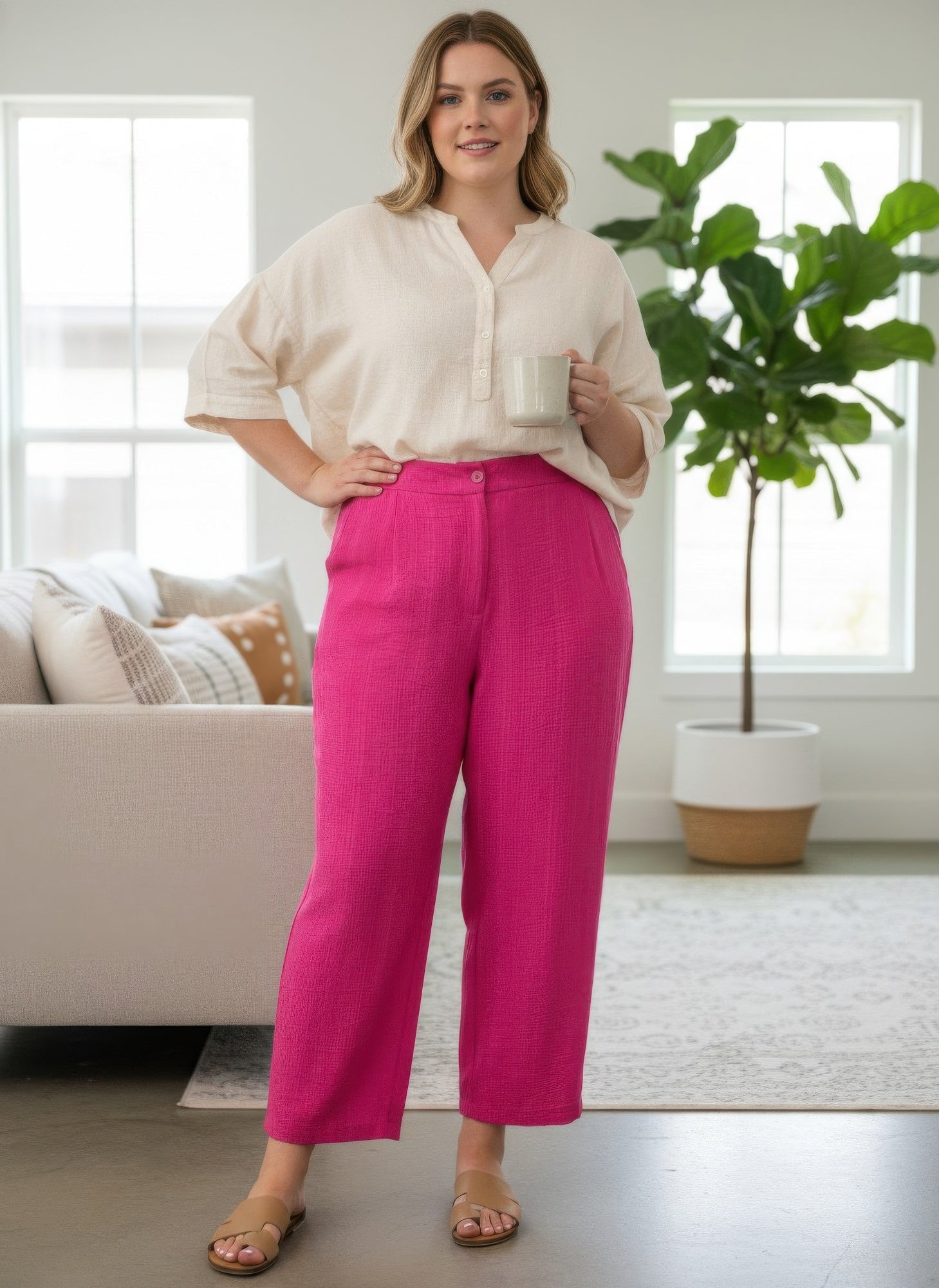 High-rise linen-blend straight-leg pants, rose red, front button/zip closure