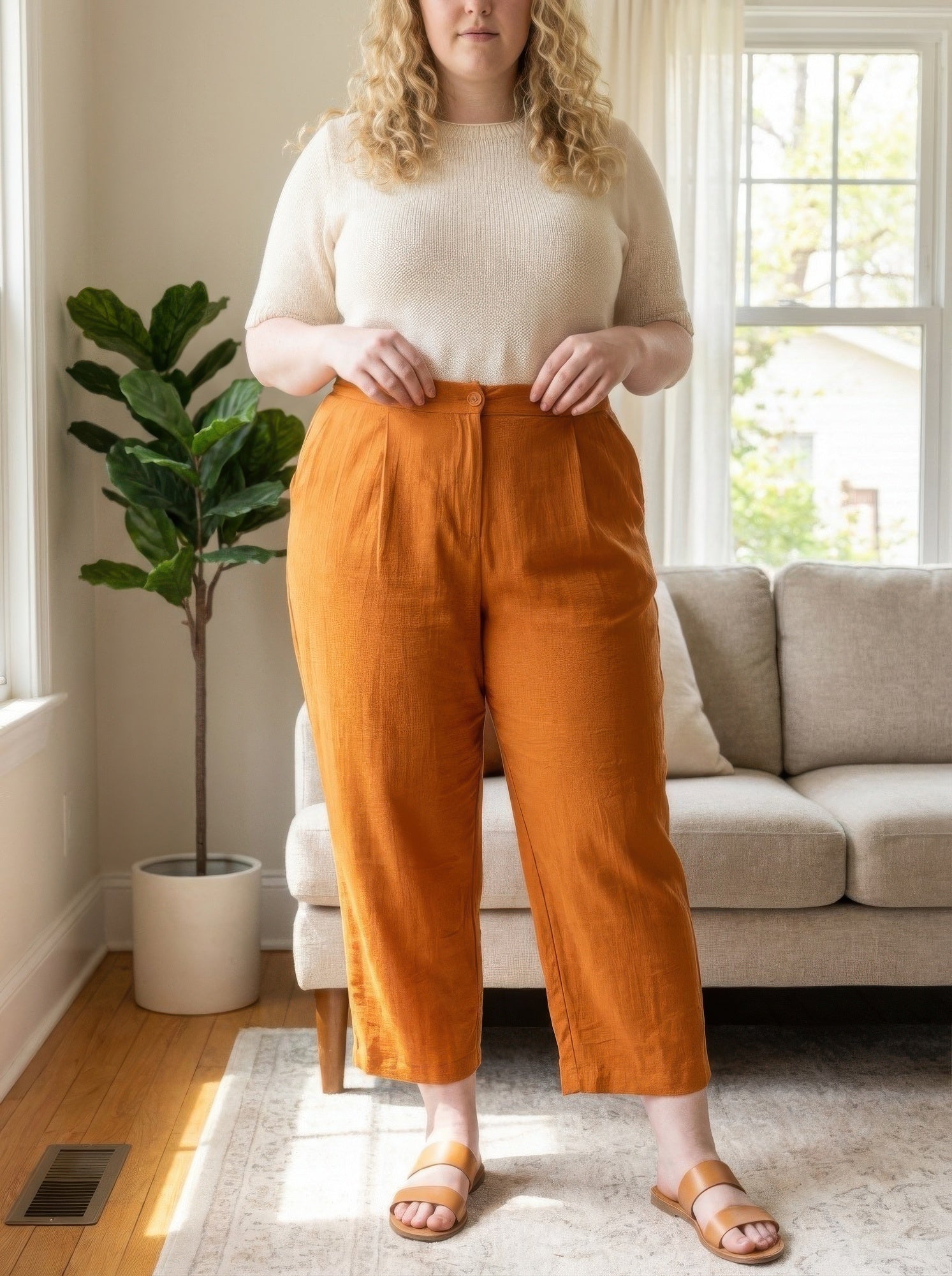High-rise linen-blend straight-leg pants in orange, button-front, cropped straight silhouette