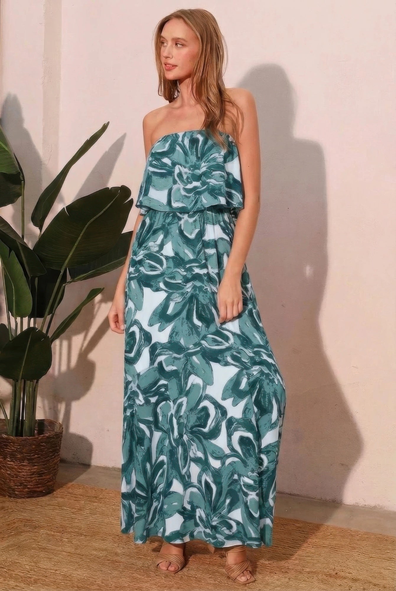 Chasing Petals strapless maxi dress in teal floral print with ruffled bodice