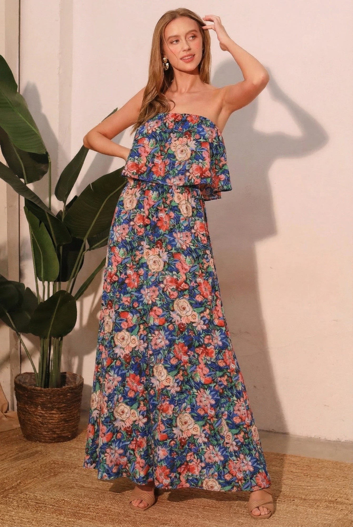 Bloom Party strapless maxi dress, blue floral print with layered bodice and long tiered skirt