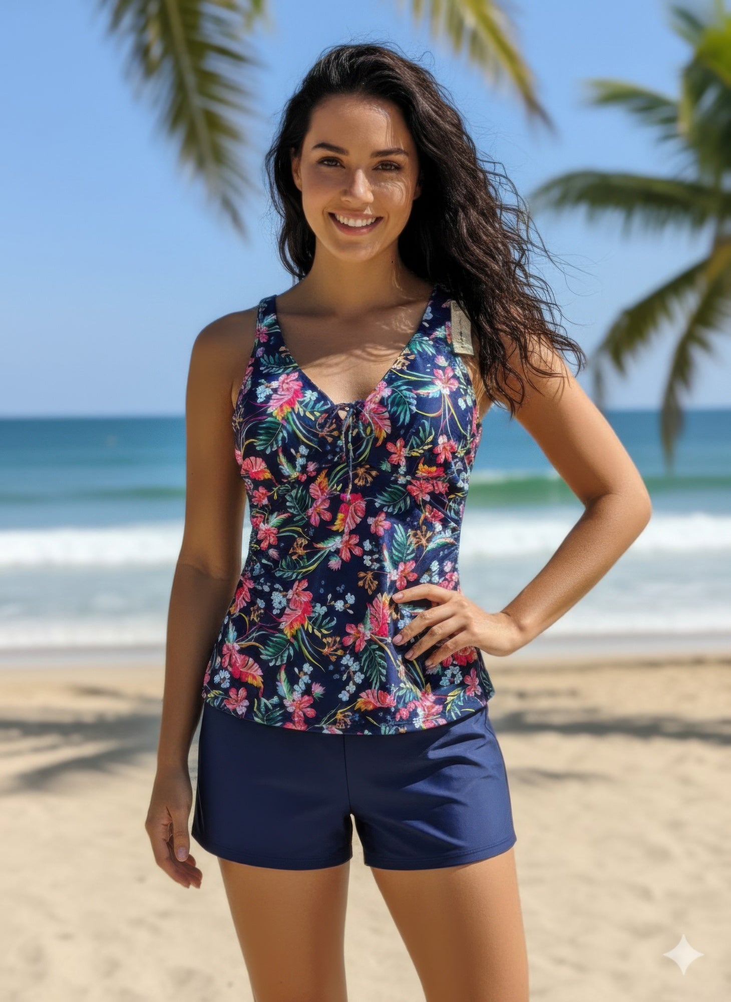 Floral navy tankini set with sleeveless top and boyshort swim bottoms