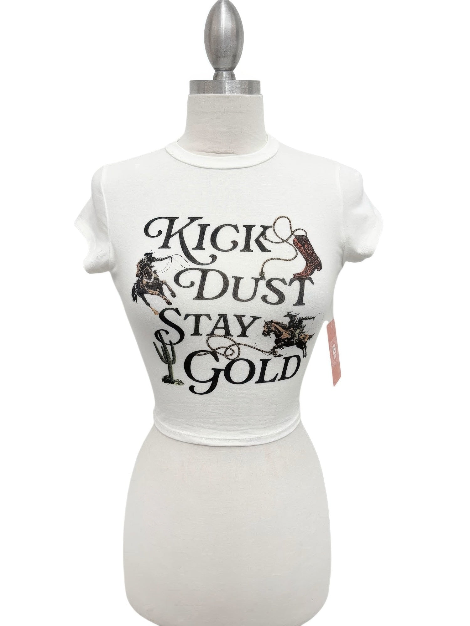 White western graphic crop tee front with “Kick Dust Stay Gold” lettering