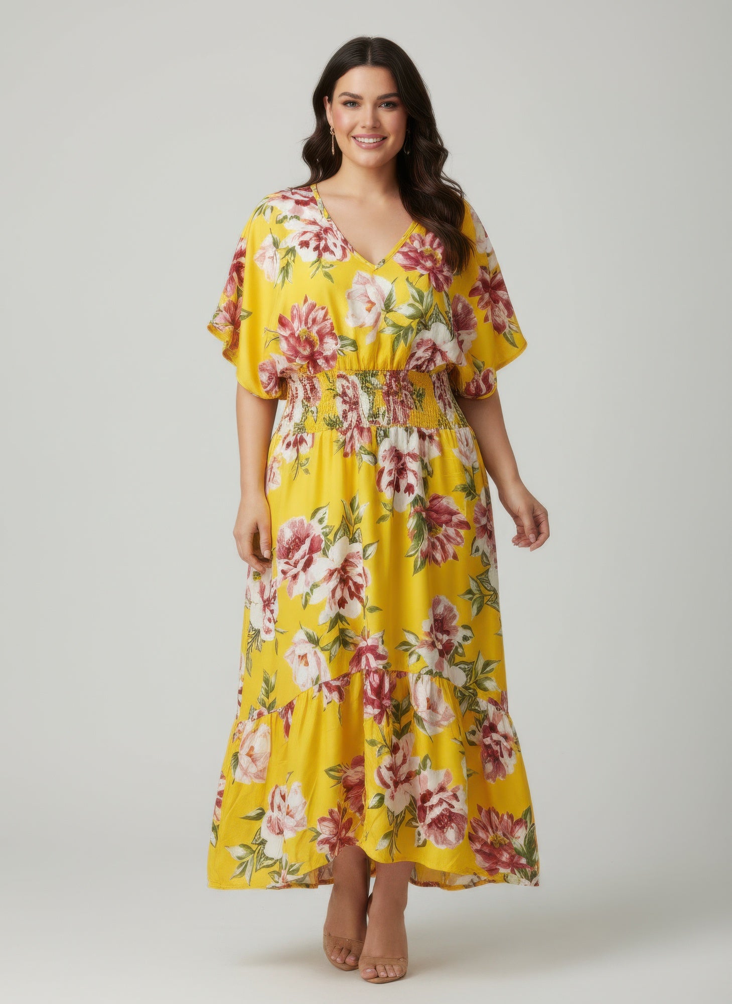 Mlle Gabrielle floral plus-size dress, yellow V-neck with short flutter sleeves