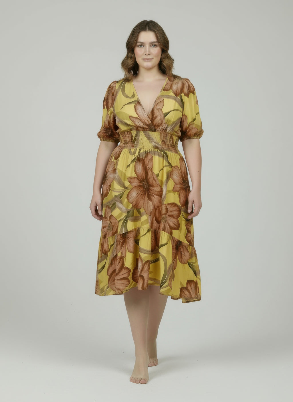 Mlle Gabrielle floral dress, yellow with brown-red flowers, puff sleeves, V-neck
