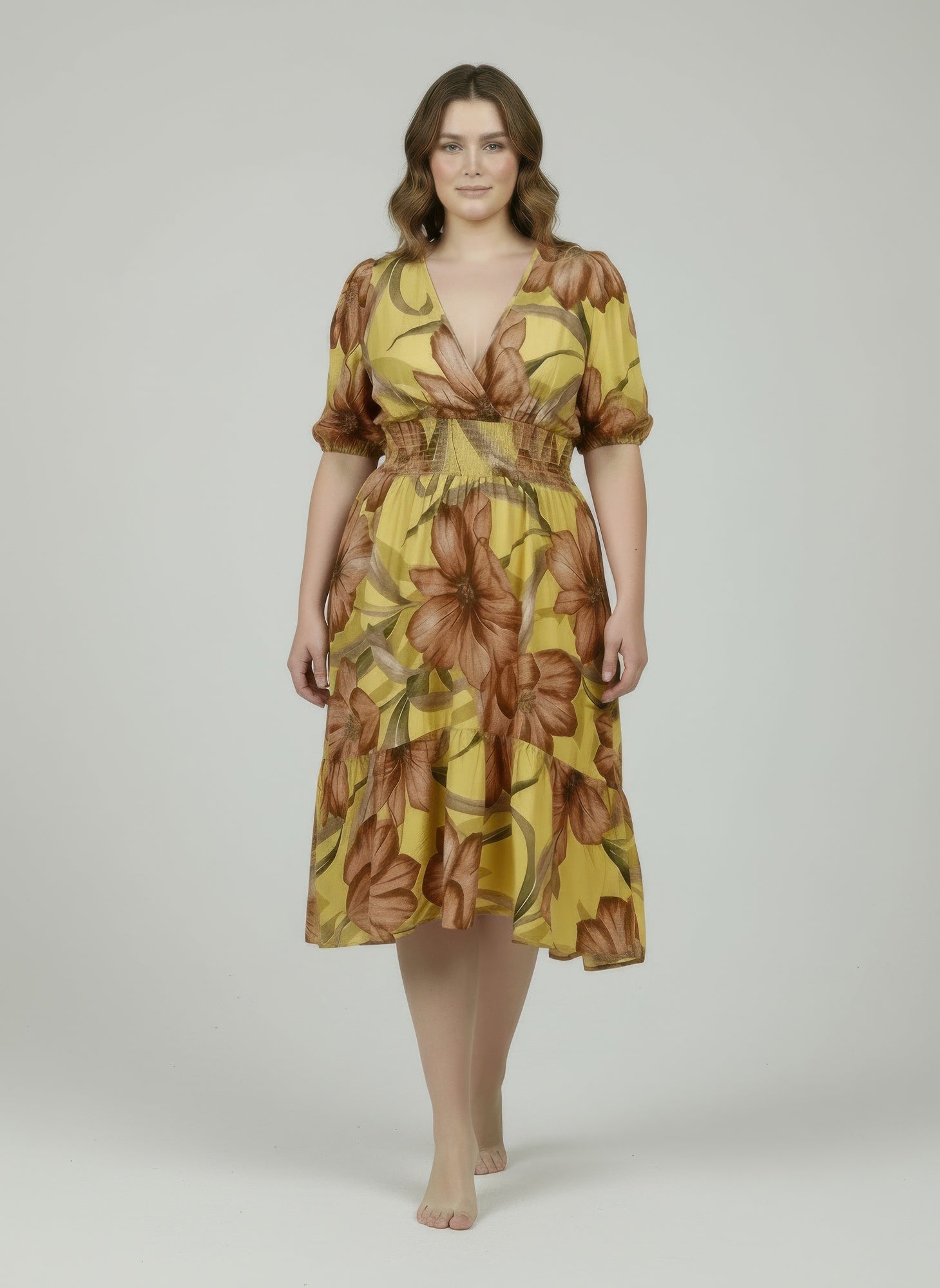 Mlle Gabrielle floral dress, yellow with brown-red flowers, puff sleeves, V-neck