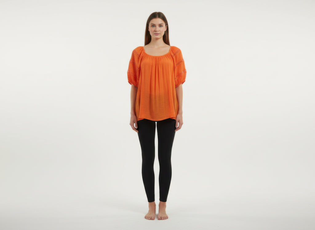Unique Spectrum solid short sleeve blouse, orange peasant-style top with gathered neckline