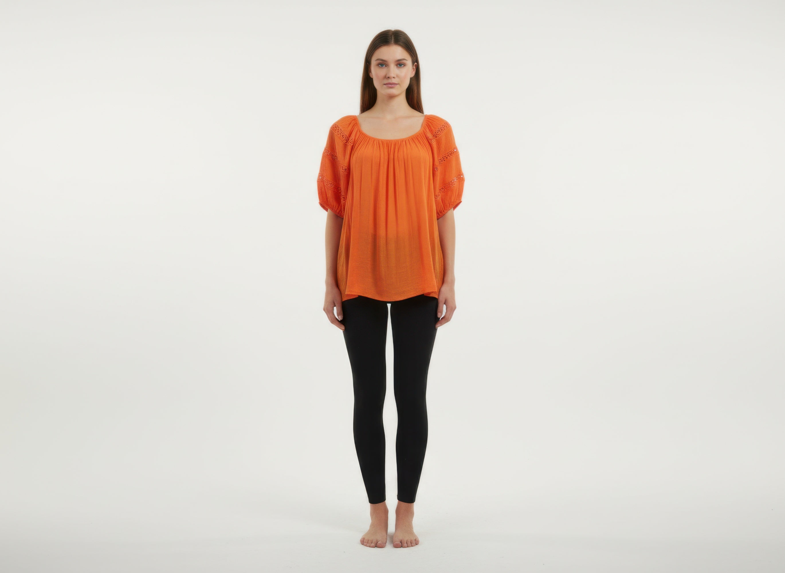 Unique Spectrum solid short sleeve blouse, orange peasant-style top with gathered neckline