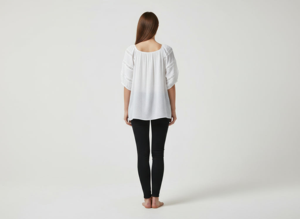 Unique Spectrum solid short sleeve blouse, white back view with embroidered yoke and sleeves