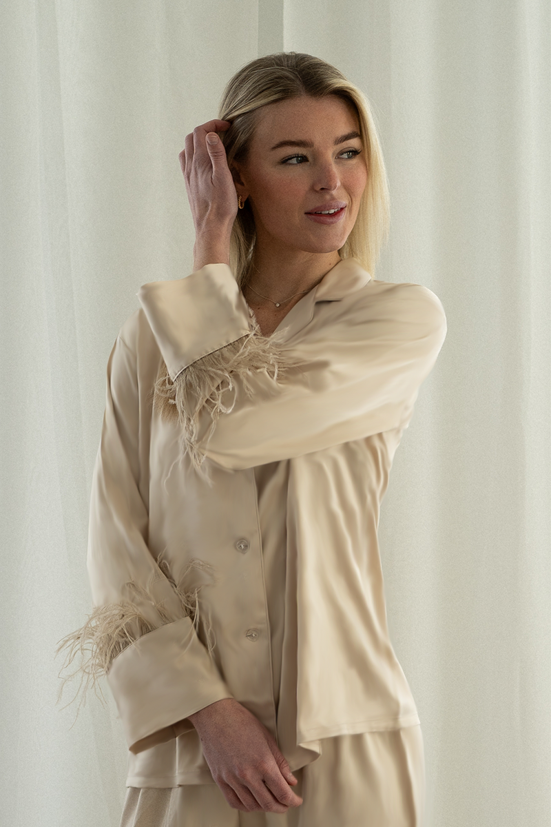 Champagne Feather Satin Pants set - Tigbul's Variety Fashion Shop