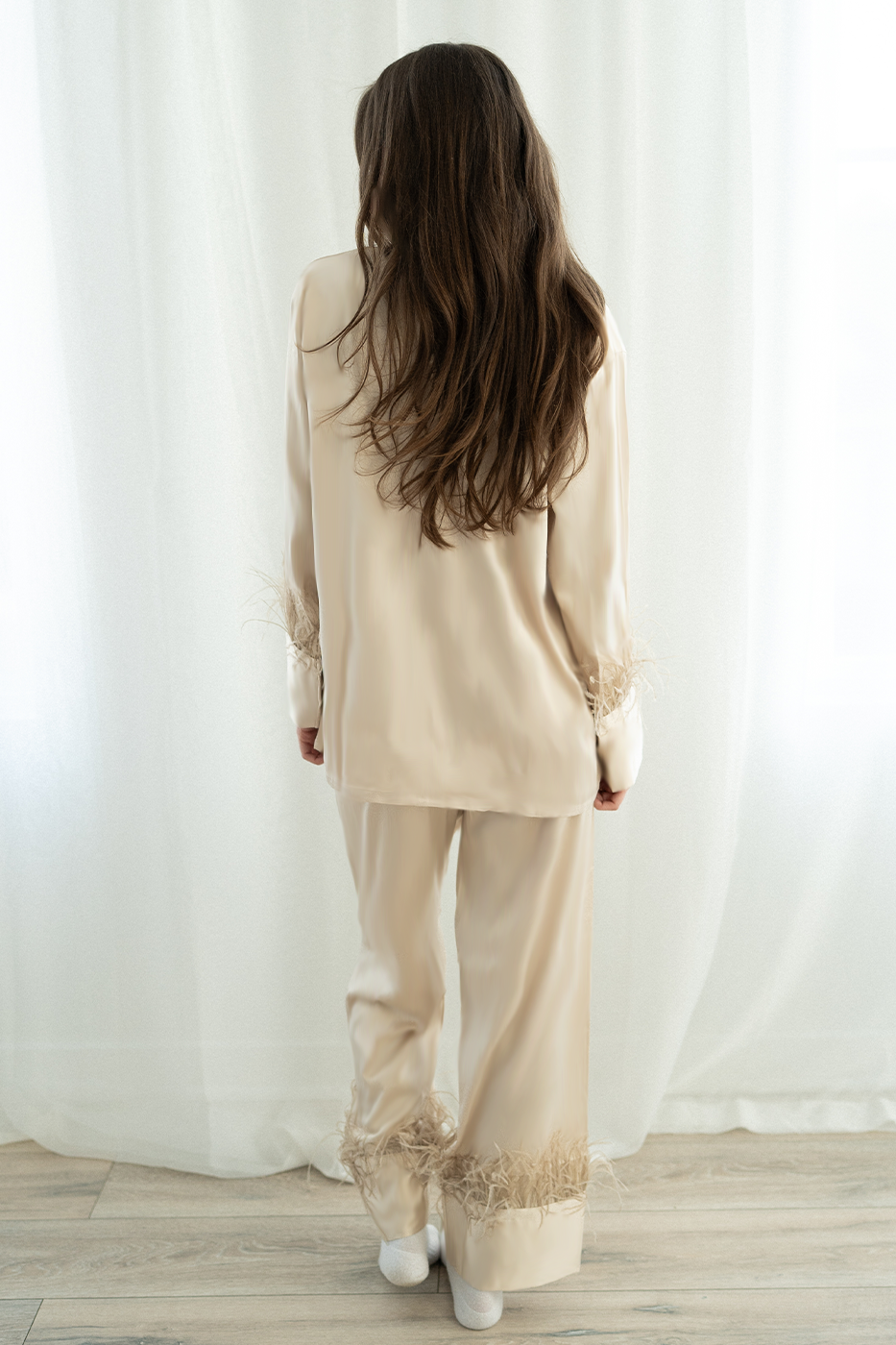 Champagne Feather Satin Pants set - Tigbul's Variety Fashion Shop