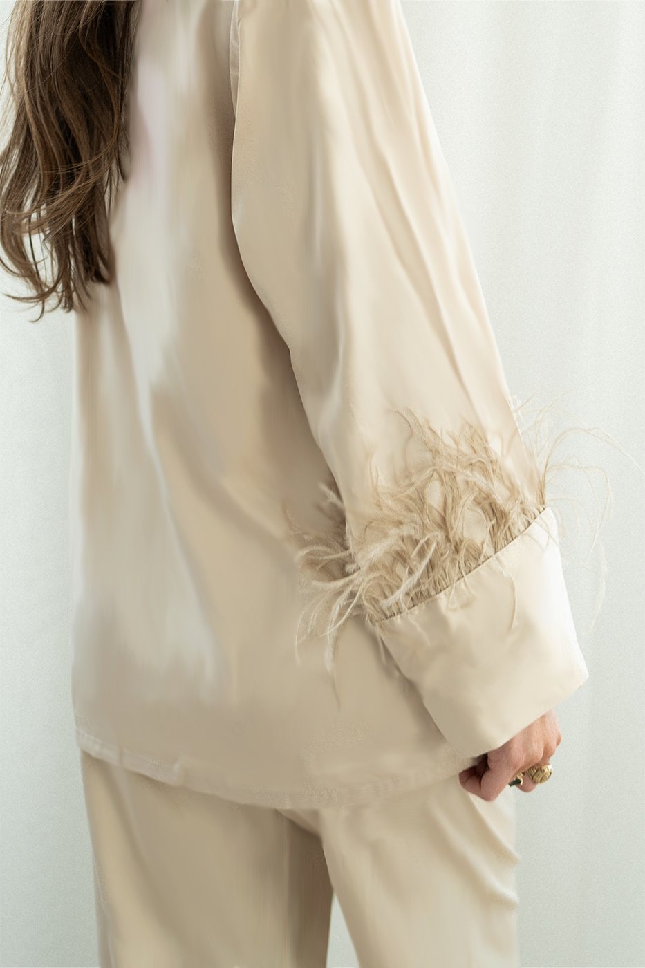 Champagne Feather Satin Pants set - Tigbul's Variety Fashion Shop