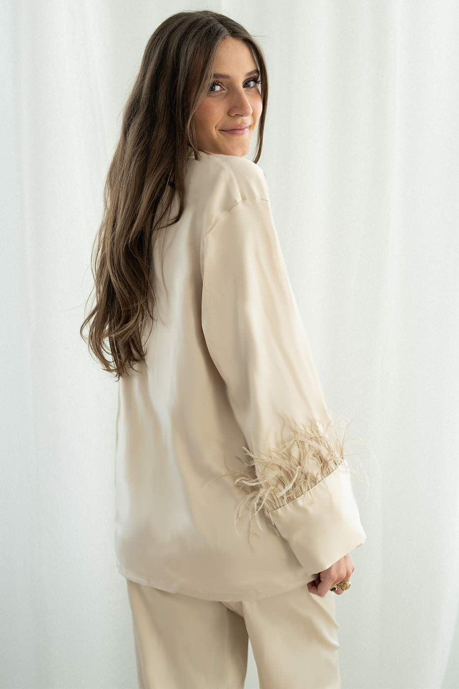 Champagne Feather Satin Pants set - Tigbul's Variety Fashion Shop