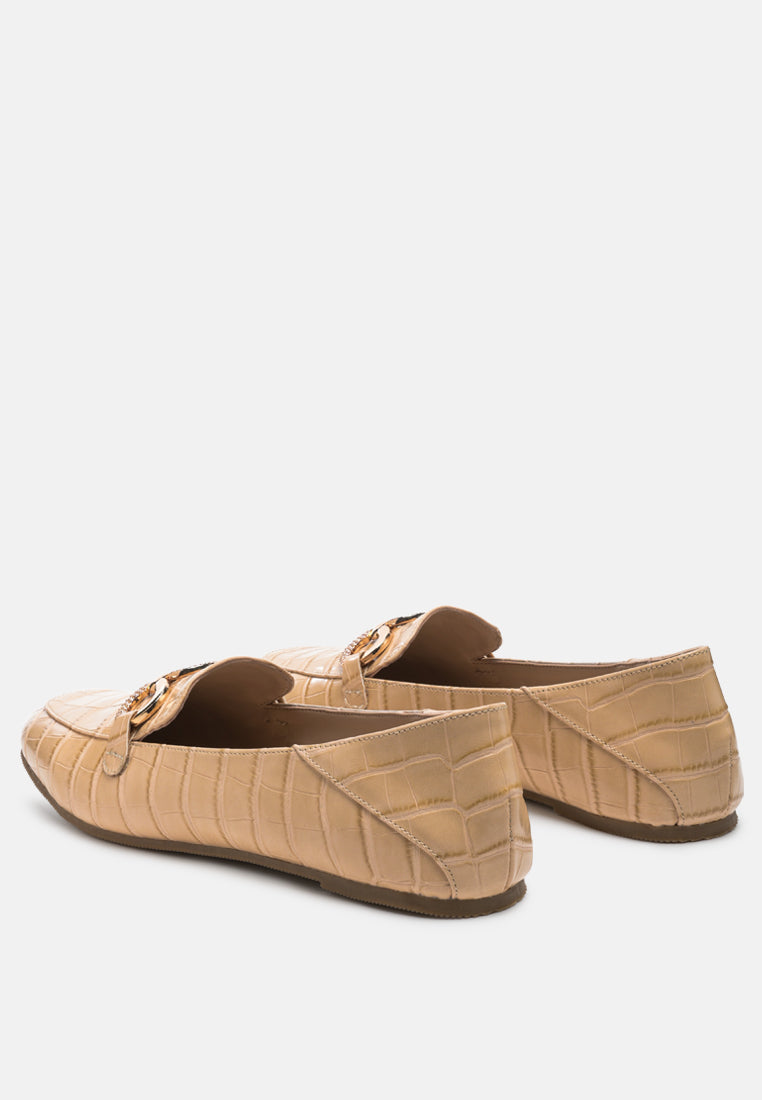 Beige croc-textured loafers rear view with metal-link ornament