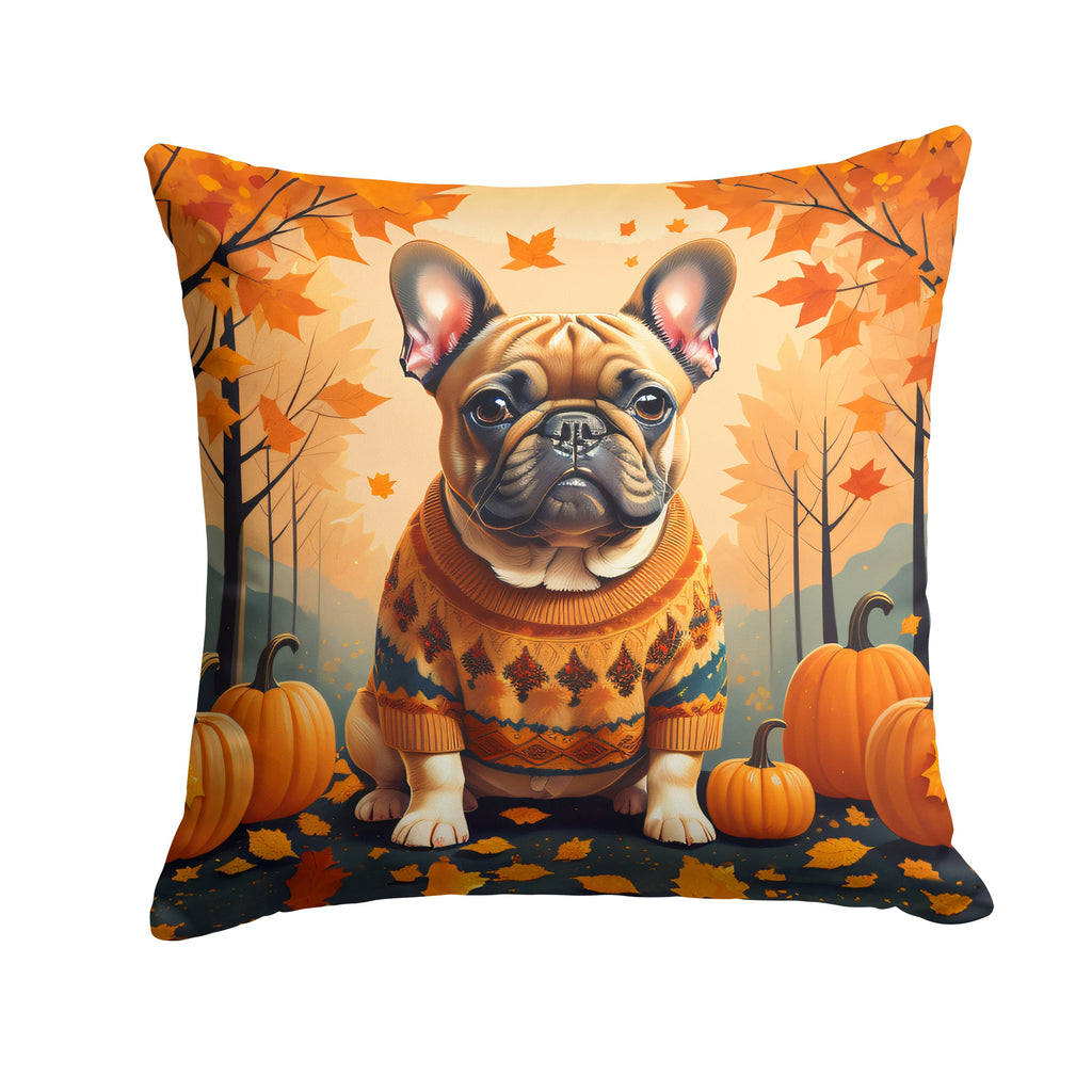 Decorative pillow with a dog wearing a sweater and autumn-themed design