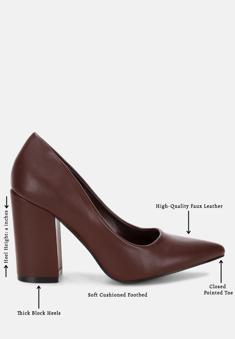 Brown faux leather pointed-toe pumps with thick block heel, side view
