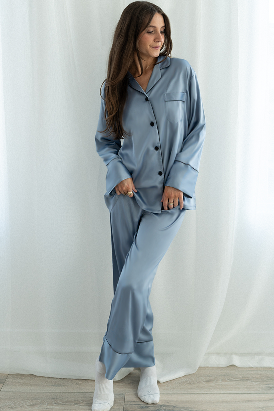 Baby Blue Satin Pajama Pants Set - Tigbul's Variety Fashion Shop