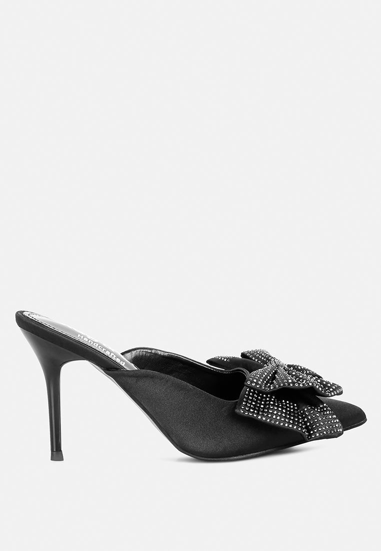 Elisda Blue Diamante Bow Heeled Mules - Tigbul's Variety Fashion Shop