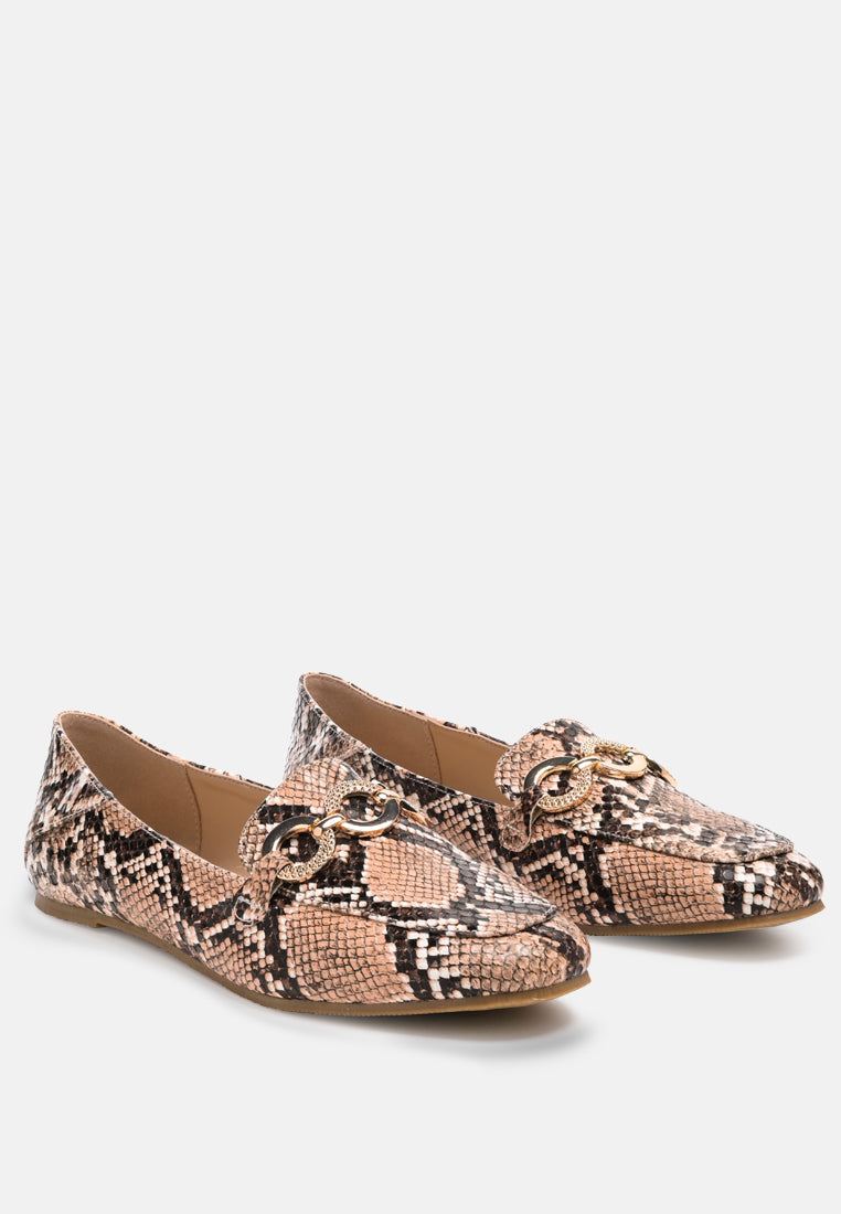 Natural snake-print loafers, side view, ring-and-chain ornament detail