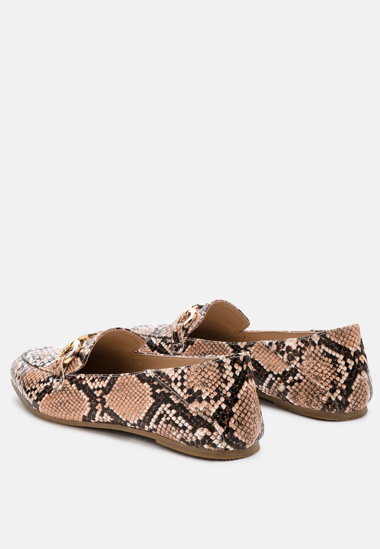 Natural snake-print loafers, rear view, open collar slip-on style