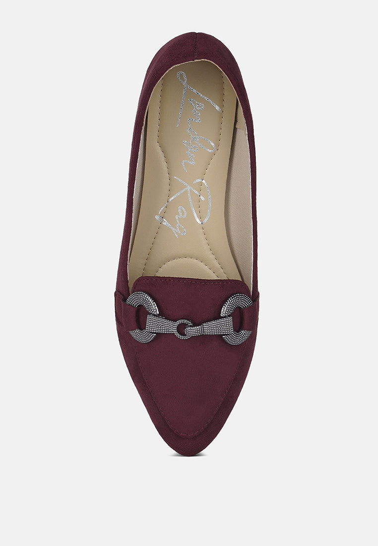 Burgundy horsebit loafer top view, padded vamp and decorative ring strap