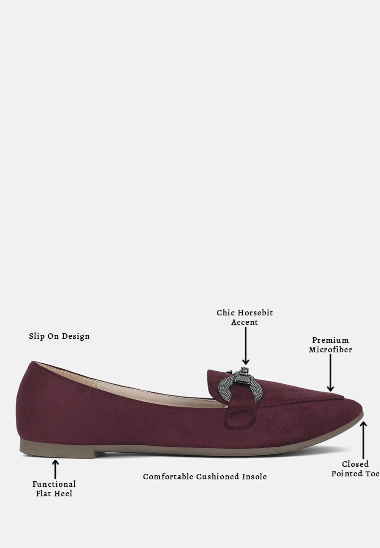 Burgundy horsebit loafers with closed pointed toe, cushioned insole and flat heel