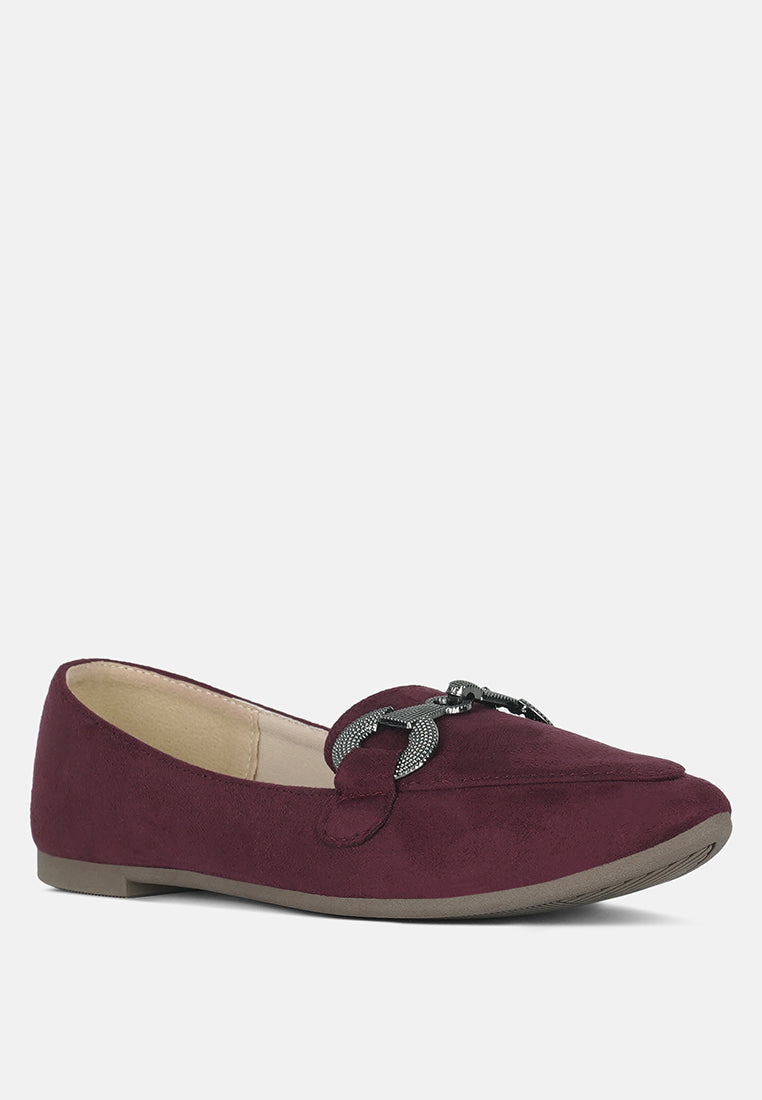 Burgundy suede loafers, side angle with horsebit strap and low profile