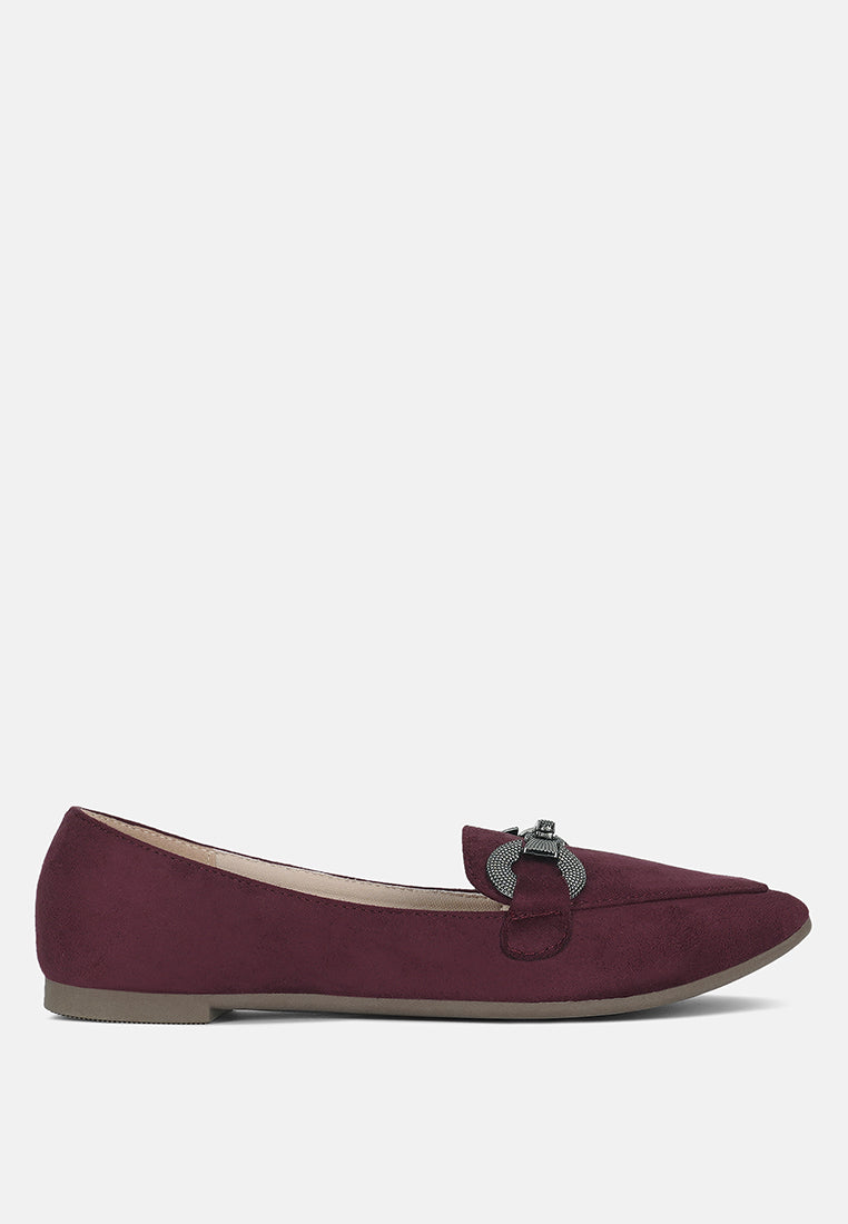 Burgundy suede loafer with horsebit strap detail across the vamp