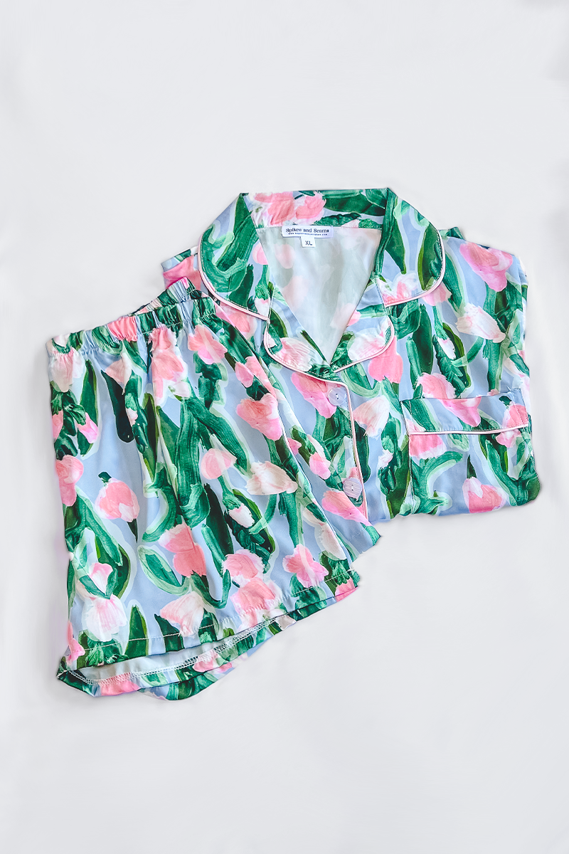 Fluid Tulips Satin Pajamas - Tigbul's Variety Fashion Shop