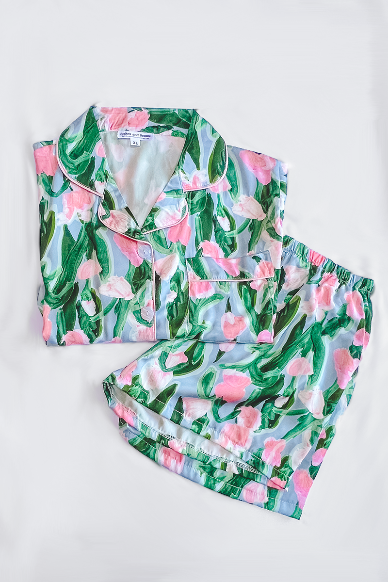 Fluid Tulips Satin Pajamas - Tigbul's Variety Fashion Shop