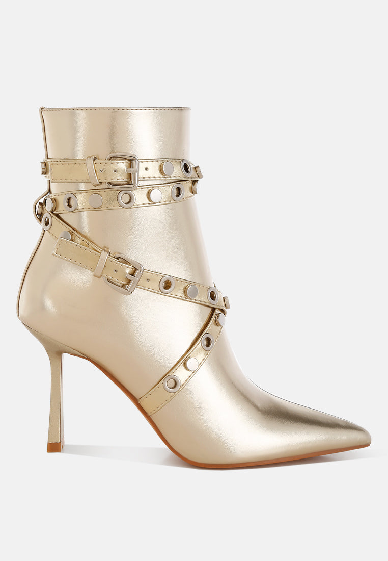 Marinta Metallic Slim Flared Heel Strappy Boots-0