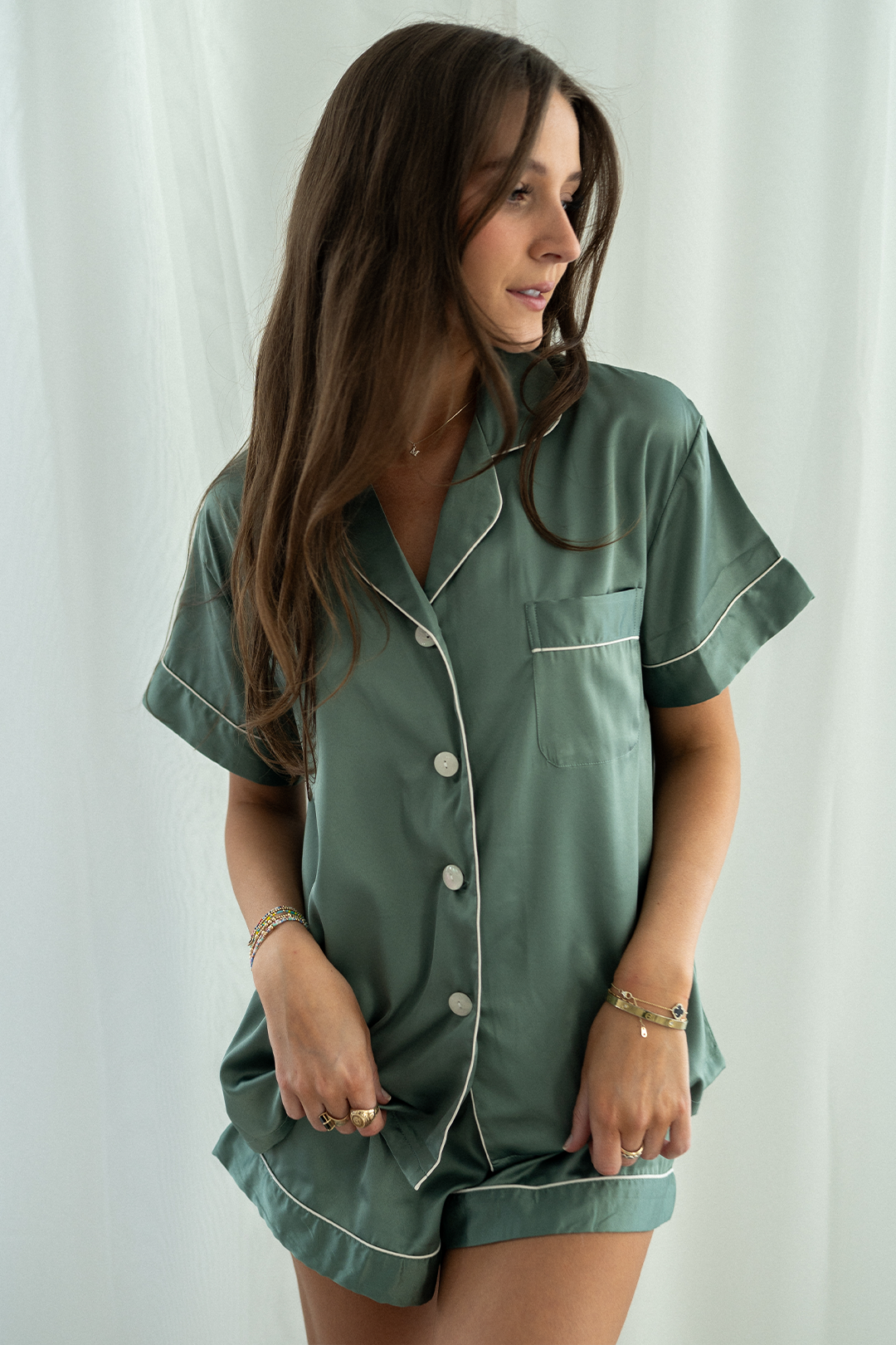 Eucalyptus Green Satin Pajamas Shorts Set - Tigbul's Variety Fashion Shop