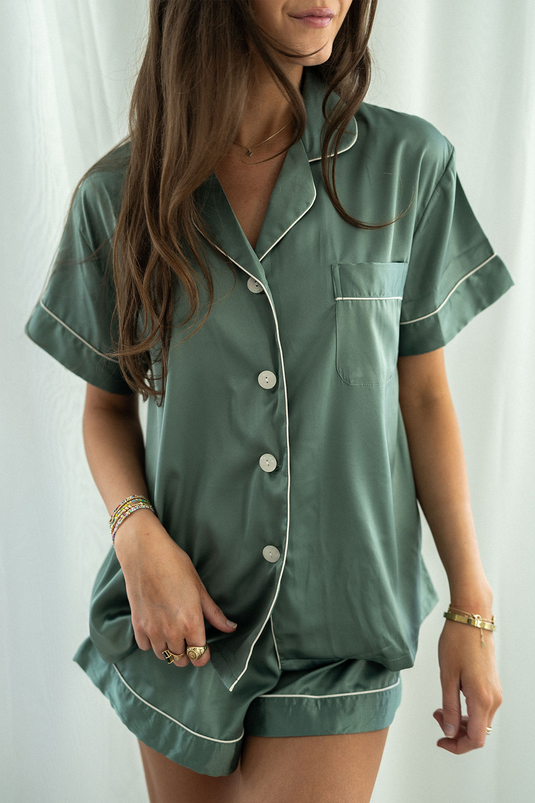 Eucalyptus Green Satin Pajamas Shorts Set - Tigbul's Variety Fashion Shop