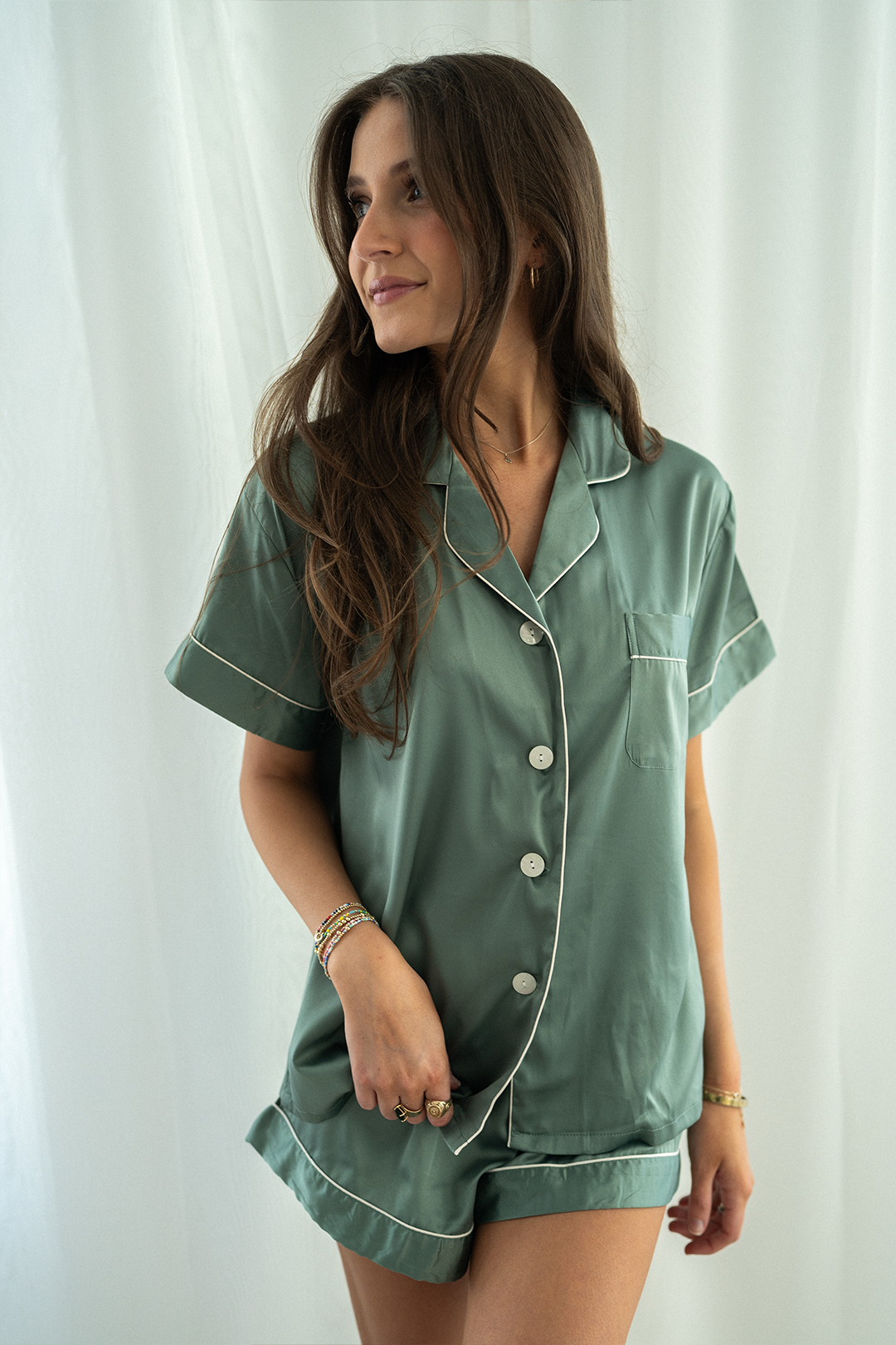 Eucalyptus Green Satin Pajamas Shorts Set - Tigbul's Variety Fashion Shop