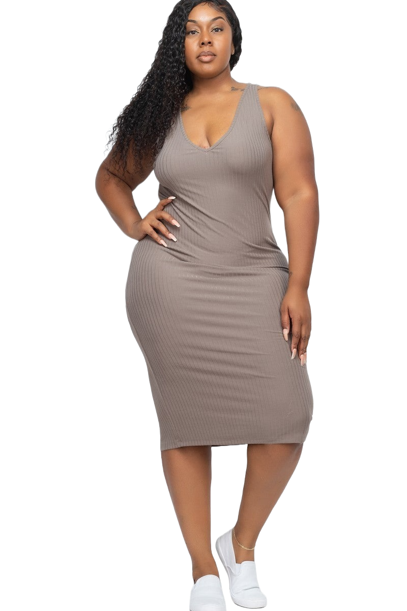 Size 2XL Ribbed V-Neck Front and Back Bodycon Dress, Taupe - Tigbul's Fashion