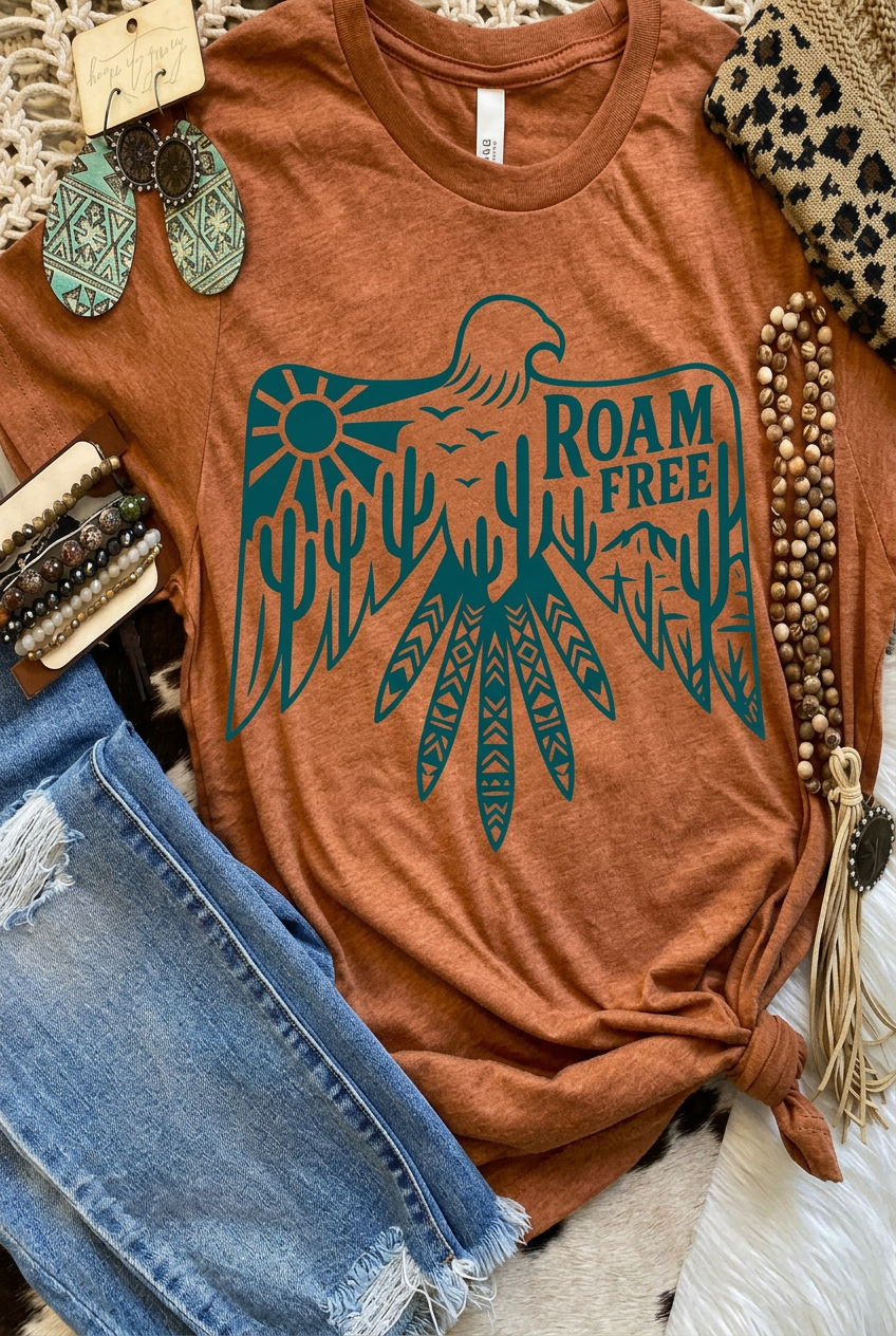 Brown t-shirt with teal eagle graphic and 'Roam Free' text, displayed with denim shorts and accessories.
