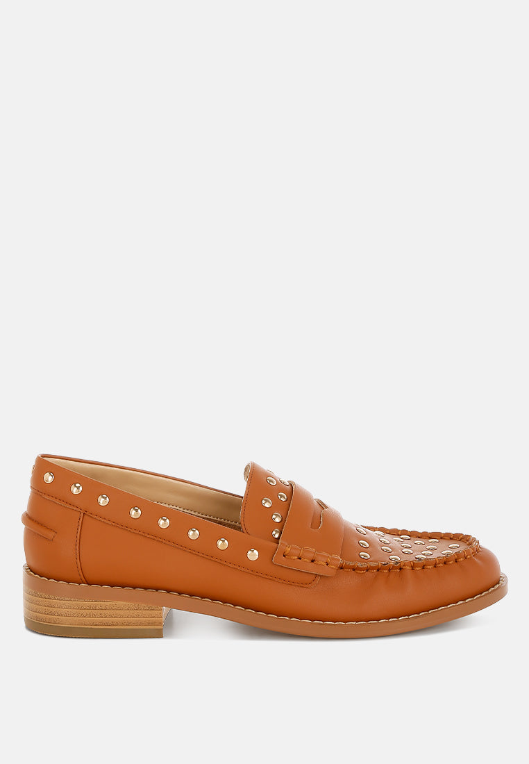 Oglavia Studs Embellished Leather Loafers - Tigbul's Variety Fashion Shop