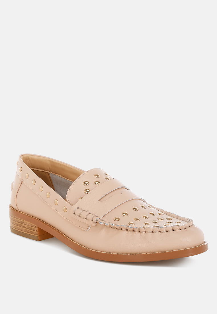 Oglavia Studs Embellished Leather Loafers - Tigbul's Variety Fashion Shop