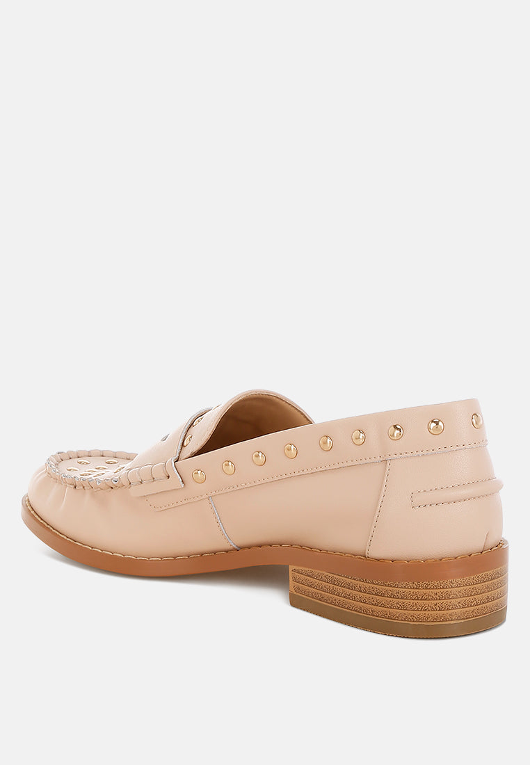 Oglavia Studs Embellished Leather Loafers - Tigbul's Variety Fashion Shop