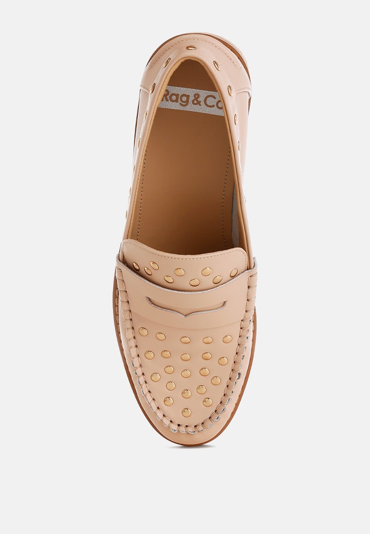 Oglavia Studs Embellished Leather Loafers - Tigbul's Variety Fashion Shop
