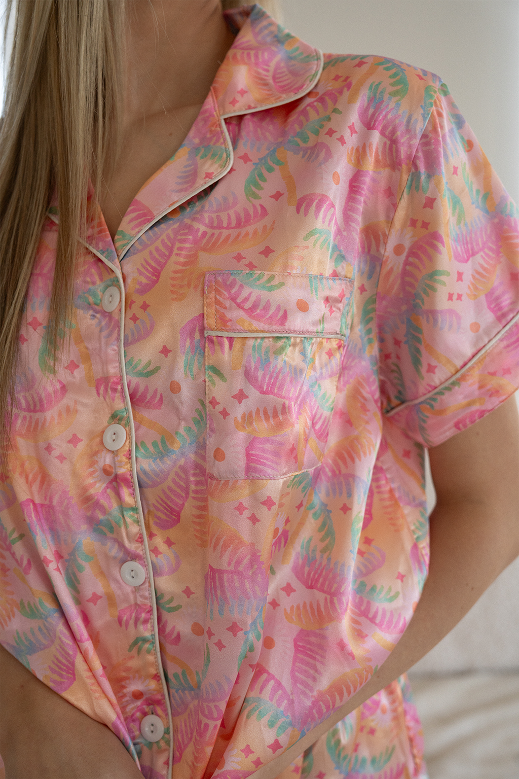 Pastel Palms Satin Pajamas - Tigbul's Variety Fashion Shop