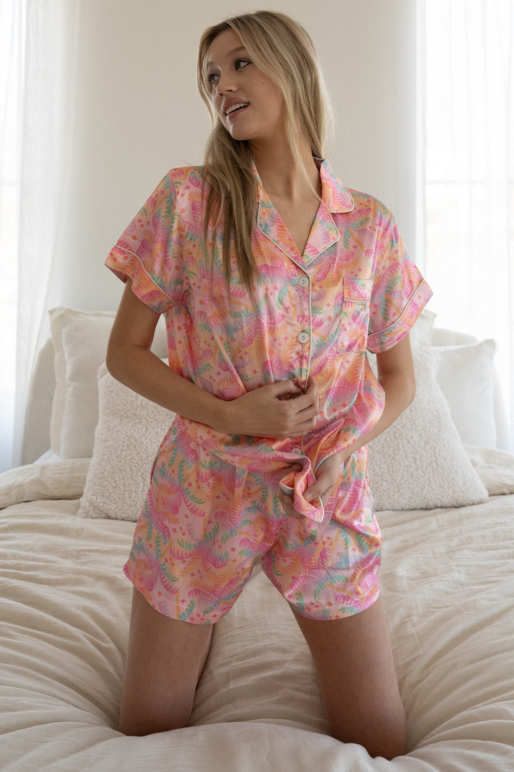 Pastel Palms Satin Pajamas - Tigbul's Variety Fashion Shop