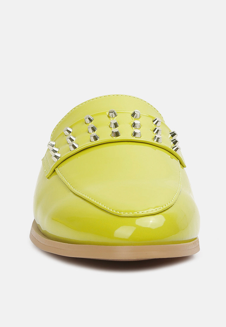 Lime green patent flat mule toe with silver stud embellishment
