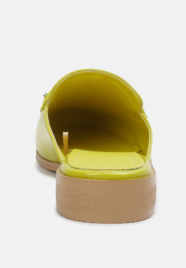 Lime green patent flat mule, open back with cushioned insole