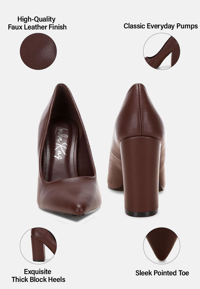 Brown faux leather pumps with sleek pointed toe and thick block heel, multiple angles