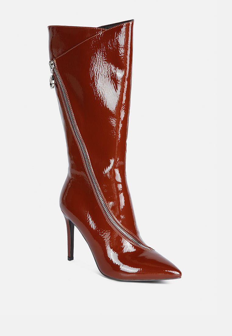 Tsaroh zip-around calf boot, burgundy glossy, tall shaft with full-length zipper