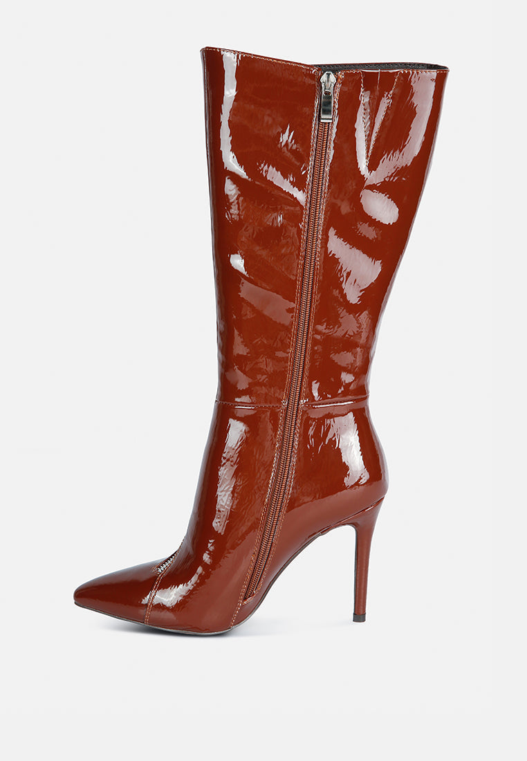 Tsaroh zip-around calf boot, burgundy glossy, front view with central zipper
